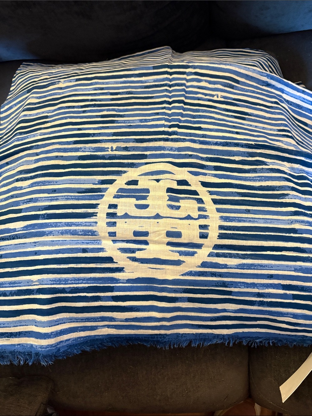 Tory Burch Blue and White Striped Beach Towel with Signature Logo